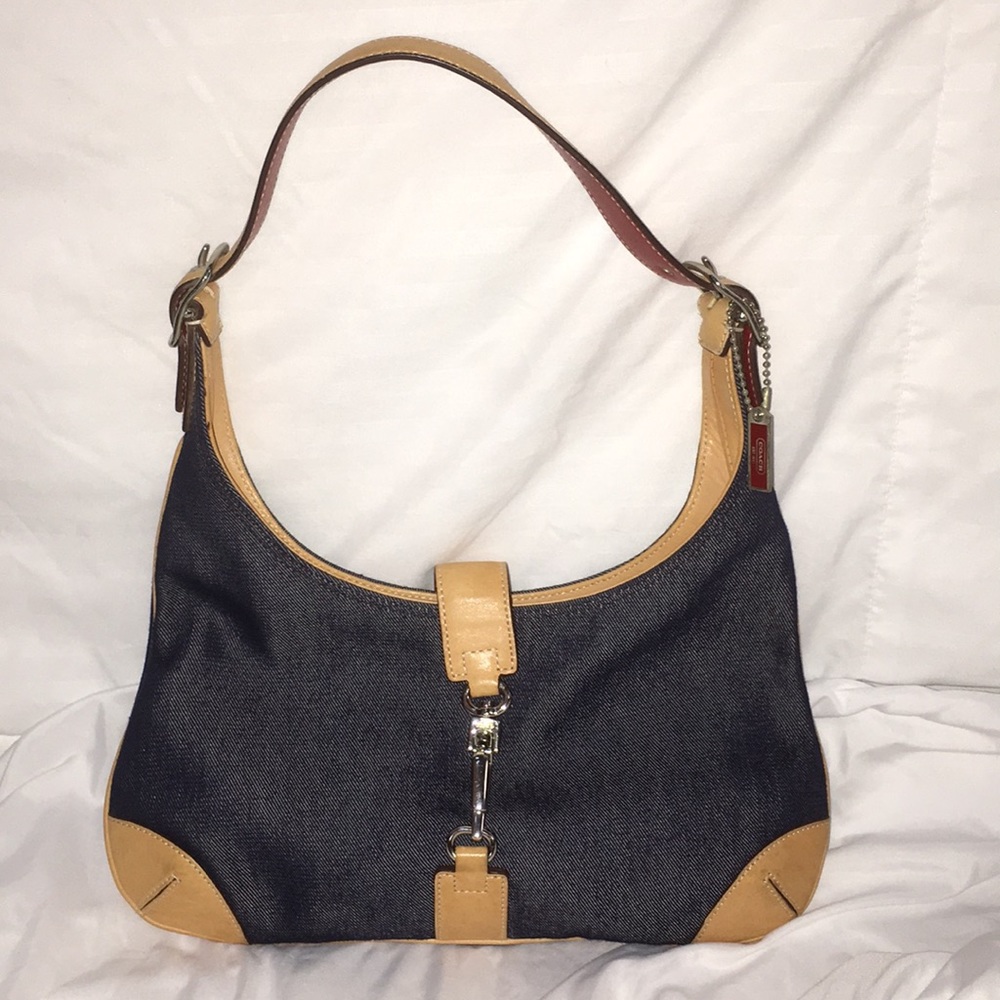 Coach denim hobo bag with tan & red leather